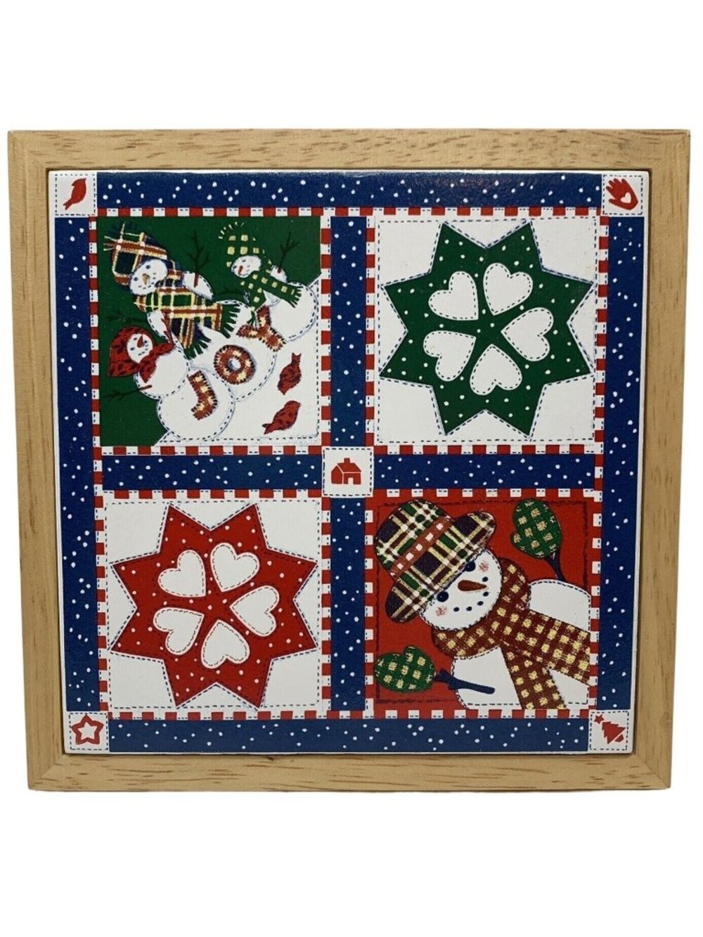Christmas Tile Trivet Quilted Winter Pattern Wooden Frame Snowman Snowflake
